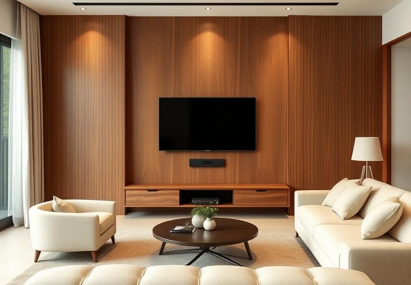 A living room feature wall with floating TV console