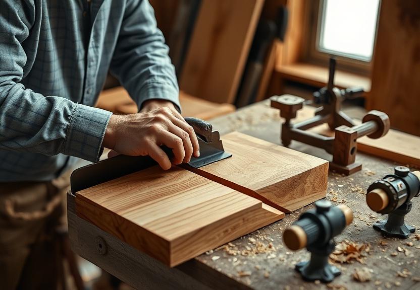 A joiner planing timber at the Rangka Woodcraft workbench