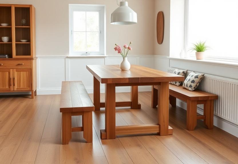 A solid timber dining table with benches