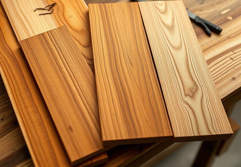 A row of tropical hardwood samples