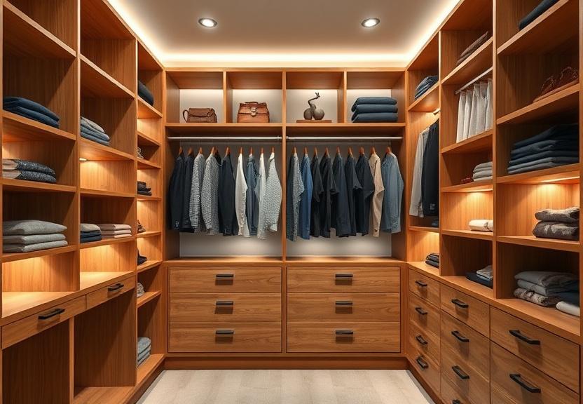 A walk-in wardrobe with open shelving and hanging rails